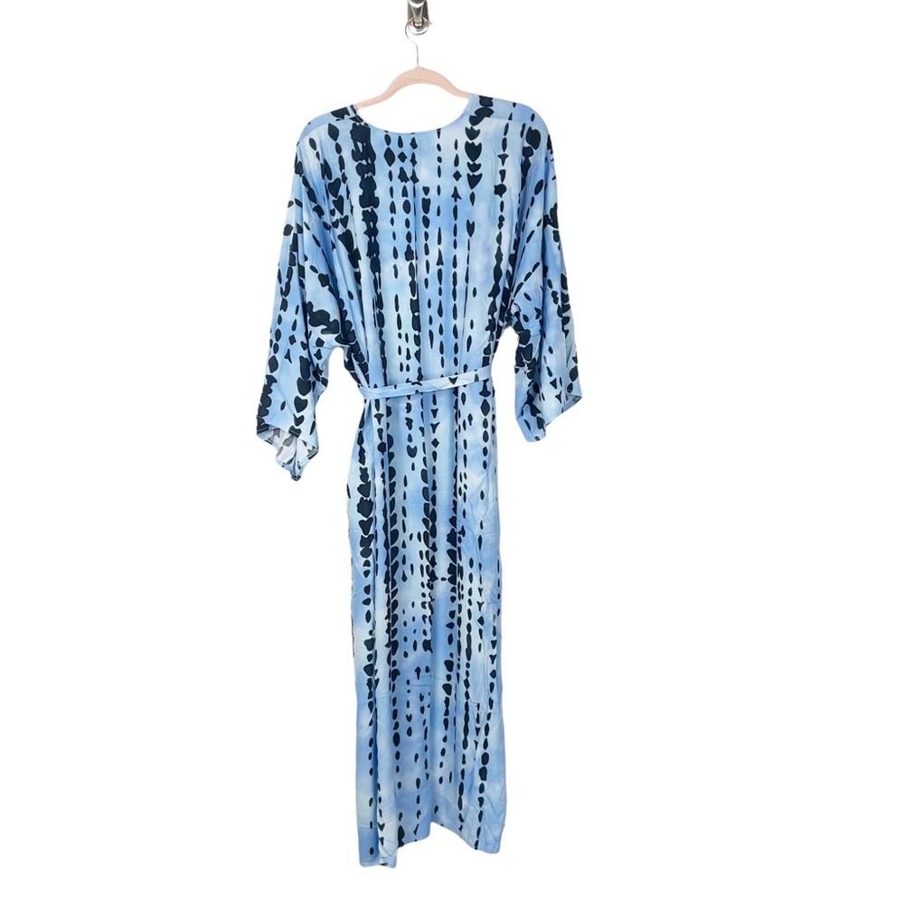 Boho Tie Dye Blue Beach Swim Coverup Maxi Duster Front Tie Flowy Ombre Pockets - Picture 9 of 12